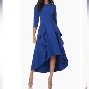 Kay Unger Classic Navy Bria 3/4 Long Sleeves High Low Ruffles Dress NWT- Reemoly